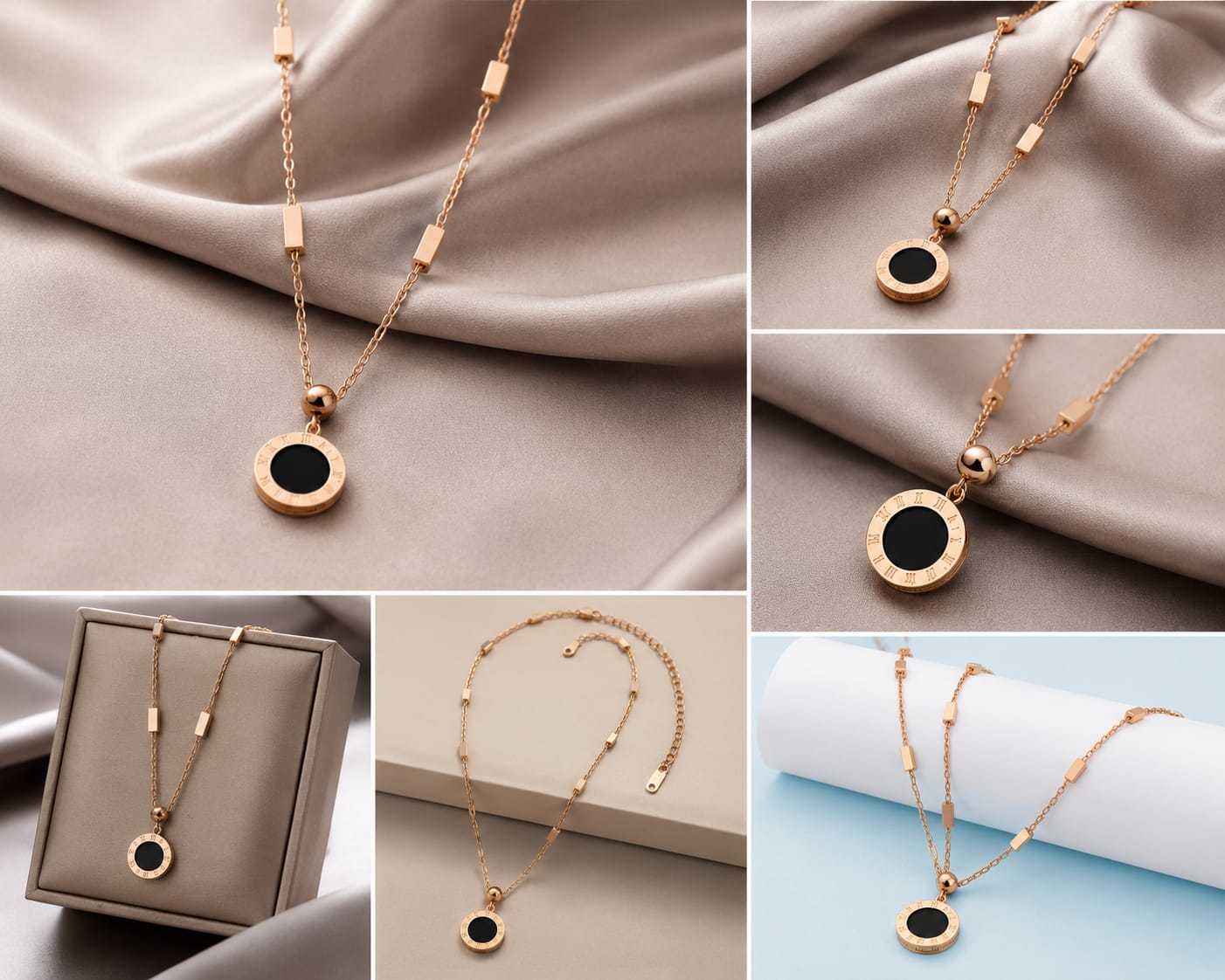Minimalist Rose Gold Black Stone Necklace for Women