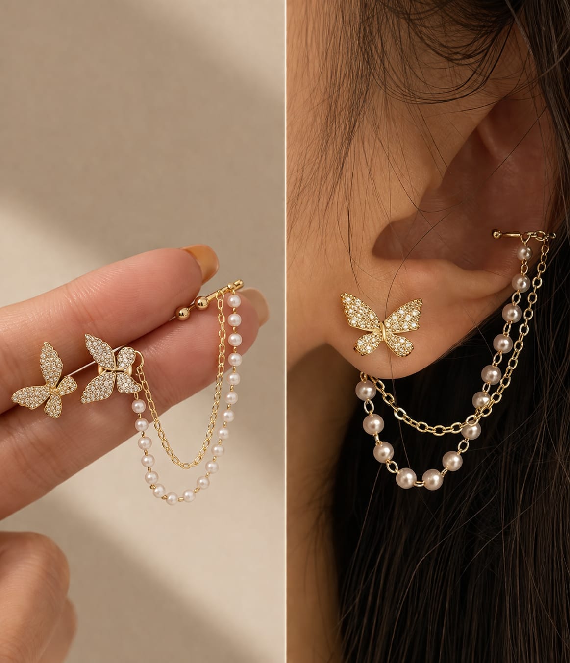 Elegant Butterfly Pearl Chain Earrings for Women | Gold-Plated Luxury Ear Cuff Jewelry