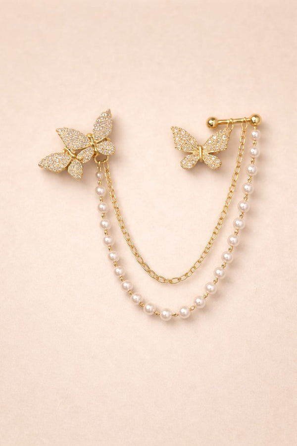 Elegant Butterfly Pearl Chain Earrings for Women | Gold-Plated Luxury Ear Cuff Jewelry
