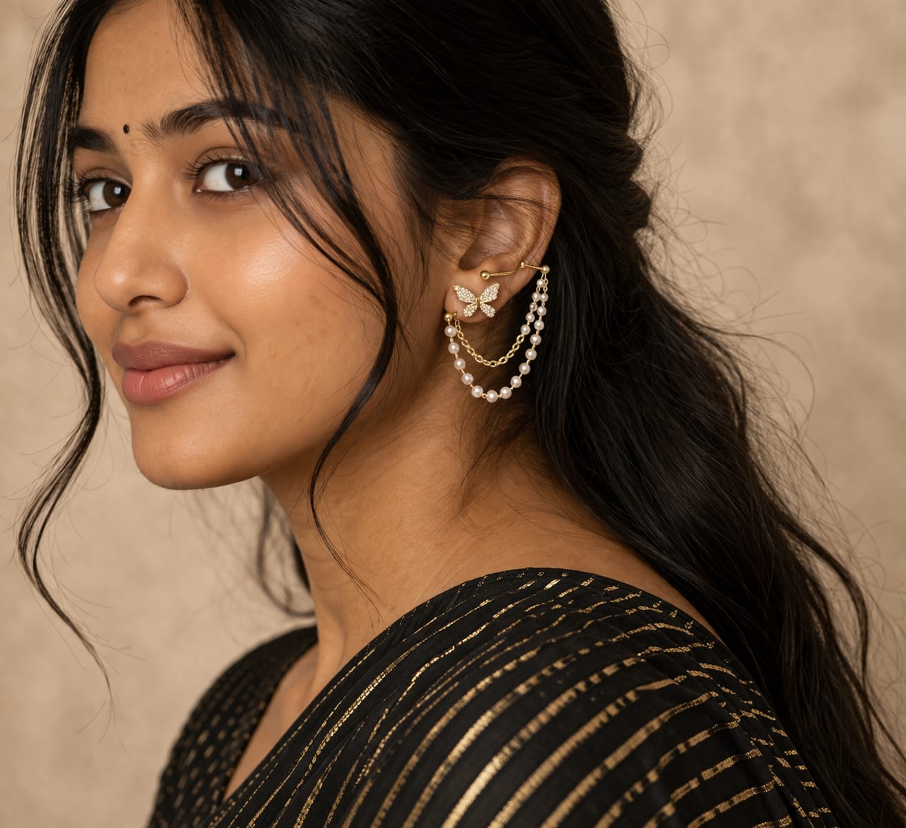 Elegant Butterfly Pearl Chain Earrings for Women | Gold-Plated Luxury Ear Cuff Jewelry