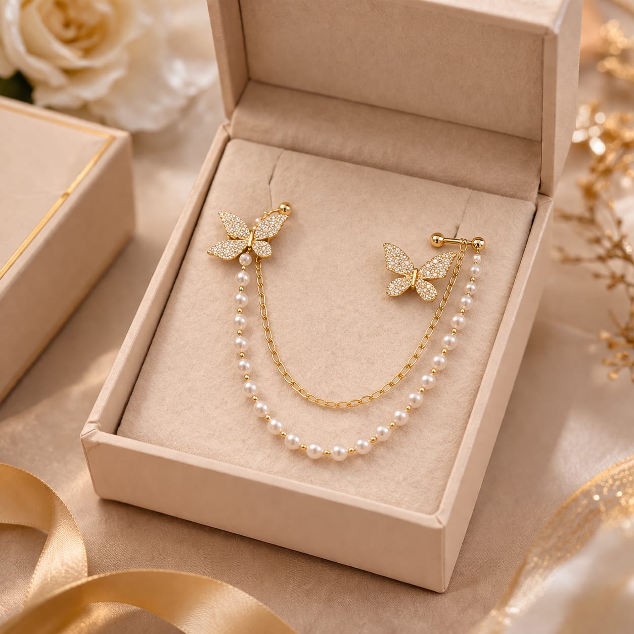 Elegant Butterfly Pearl Chain Earrings for Women | Gold-Plated Luxury Ear Cuff Jewelry