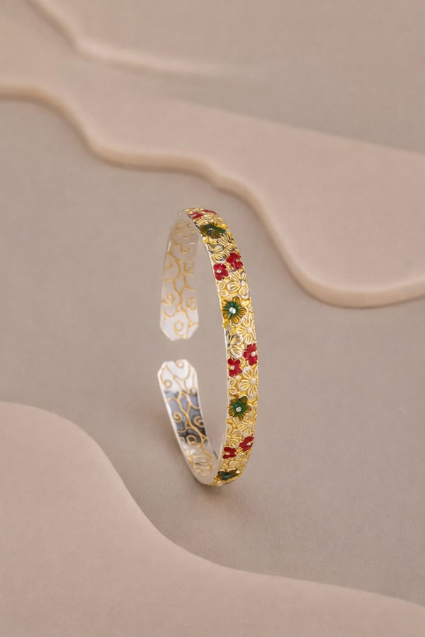Adjustable Silver Flower Bangle - Red & Green Enamel Floral Cuff - Traditional Ethnic Jewelry for Women