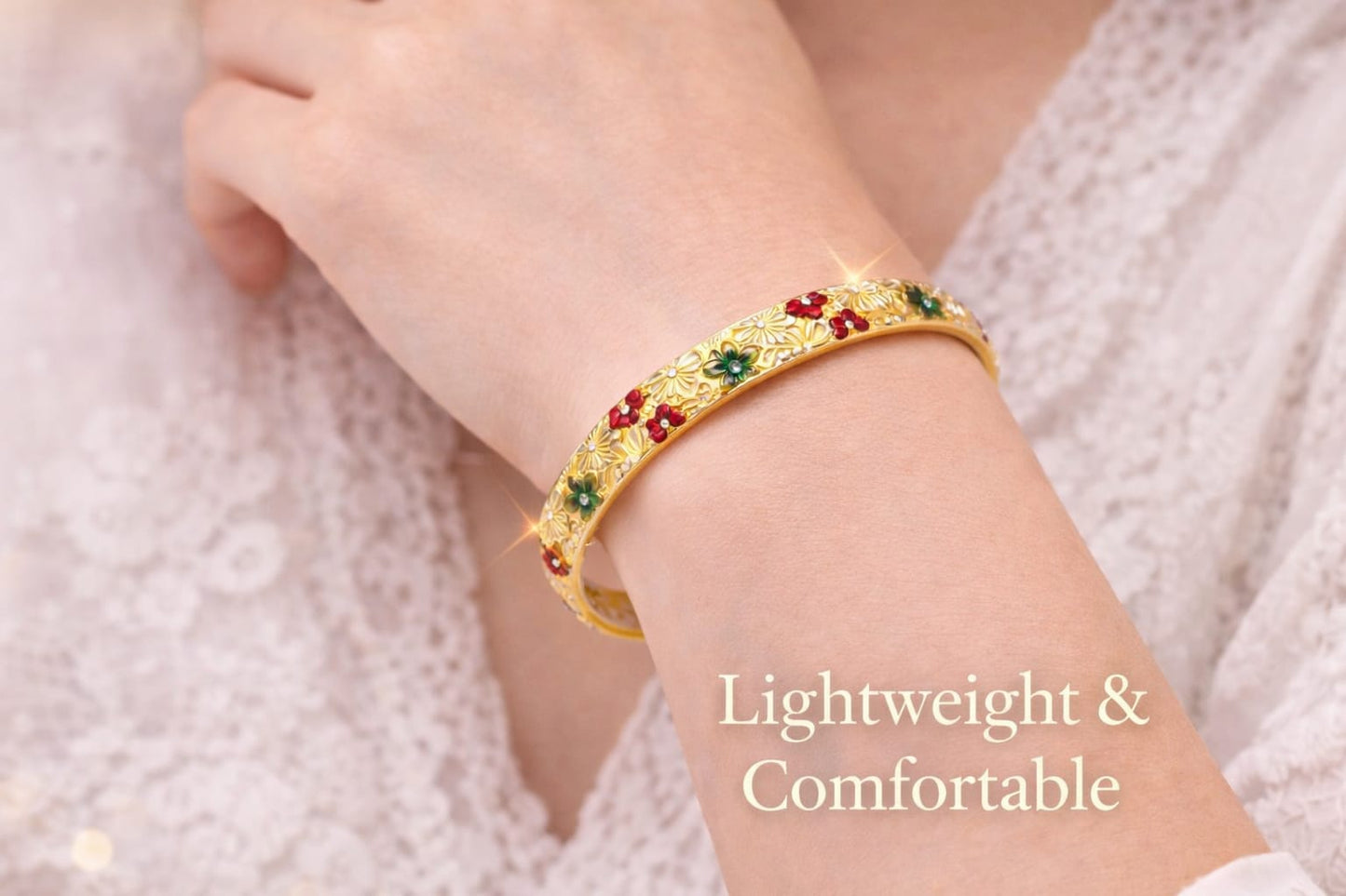 Adjustable Silver Flower Bangle - Red & Green Enamel Floral Cuff - Traditional Ethnic Jewelry for Women