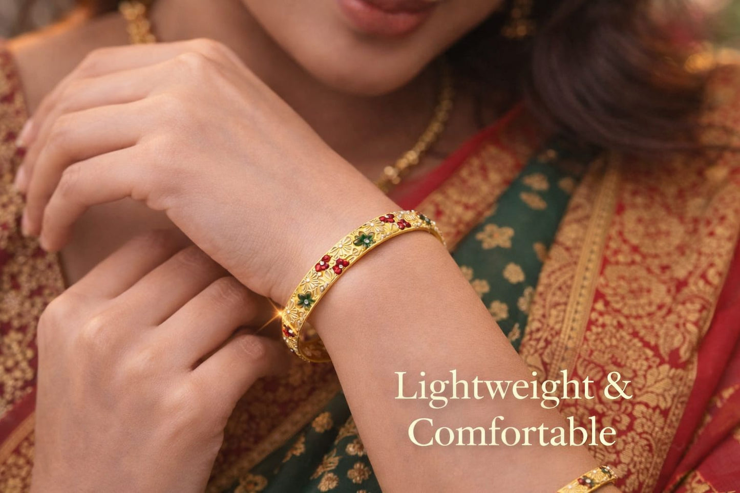 Adjustable Silver Flower Bangle - Red & Green Enamel Floral Cuff - Traditional Ethnic Jewelry for Women