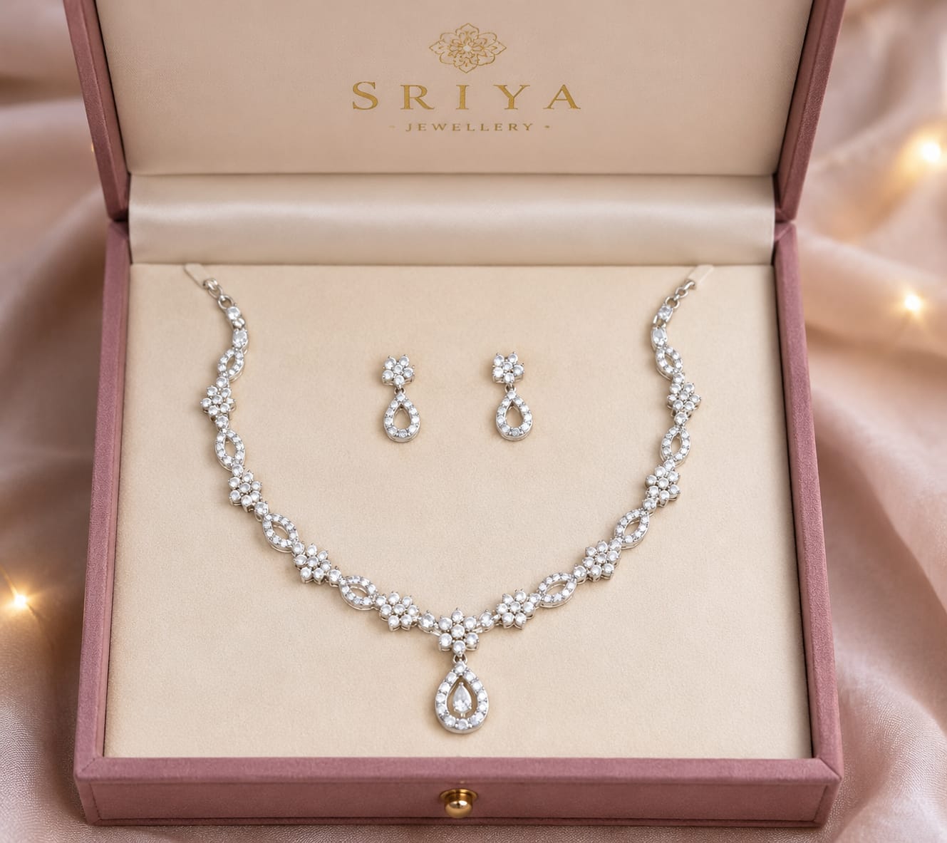 Silver Bloom Crystal Necklace & Earrings Set