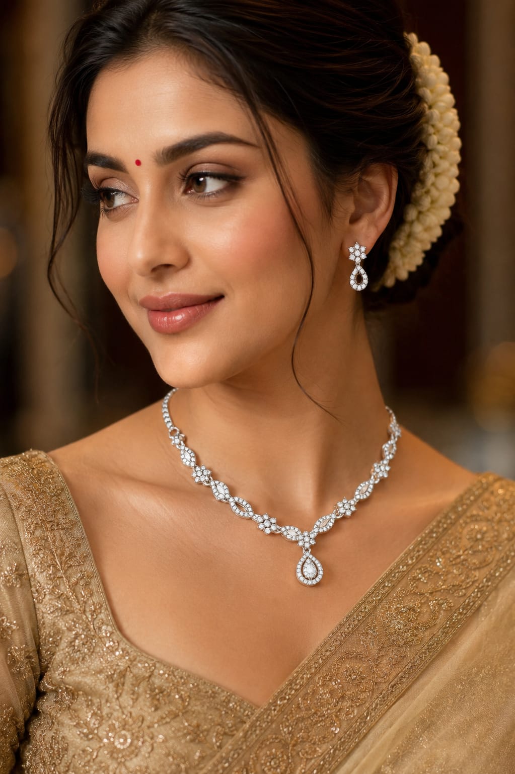 Silver Bloom Crystal Necklace & Earrings Set