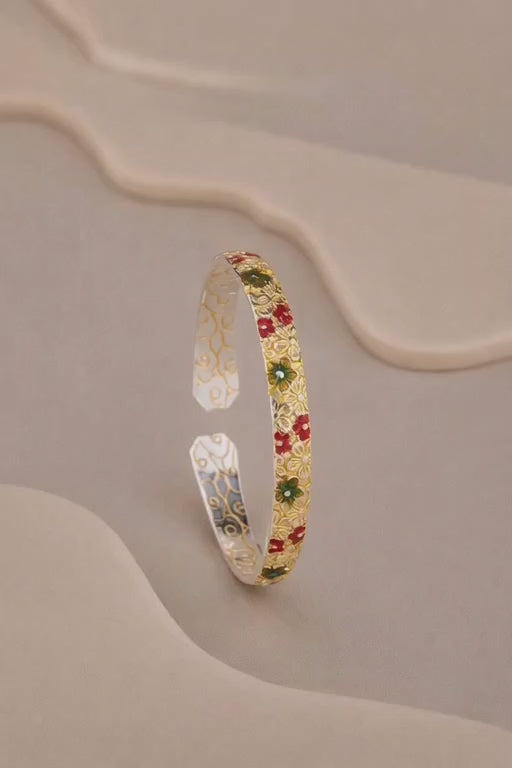 Adjustable Silver Flower Bangle - Red & Green Enamel Floral Cuff - Traditional Ethnic Jewelry for Women